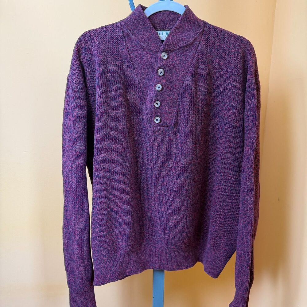Vintage 80s LL Bean Fisherman Sweater Mens Red Marl Knit Button Henley USA